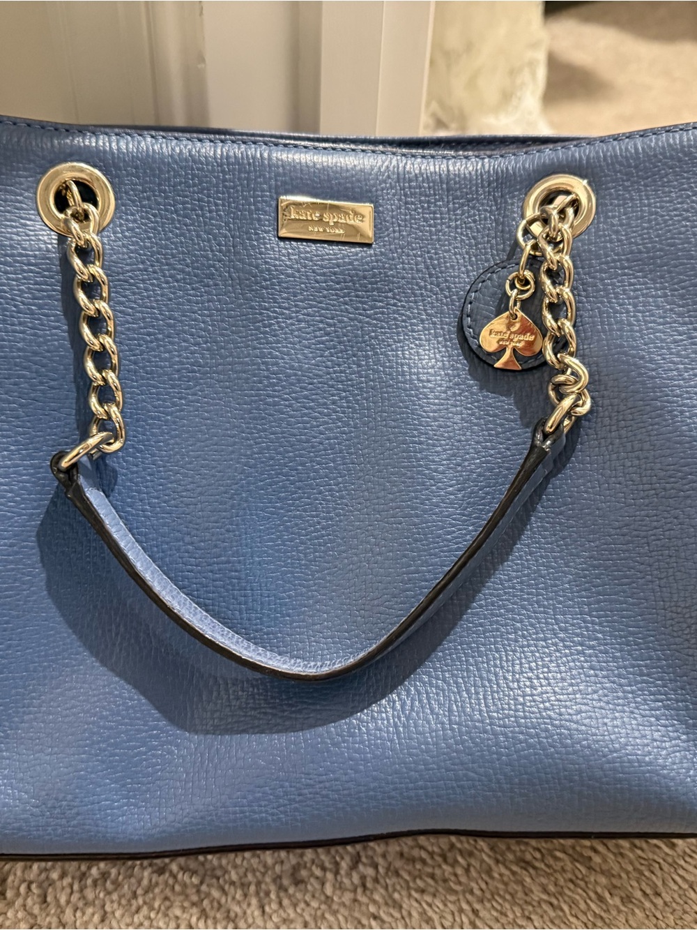 kate spade navy leather tote with gold chain accents